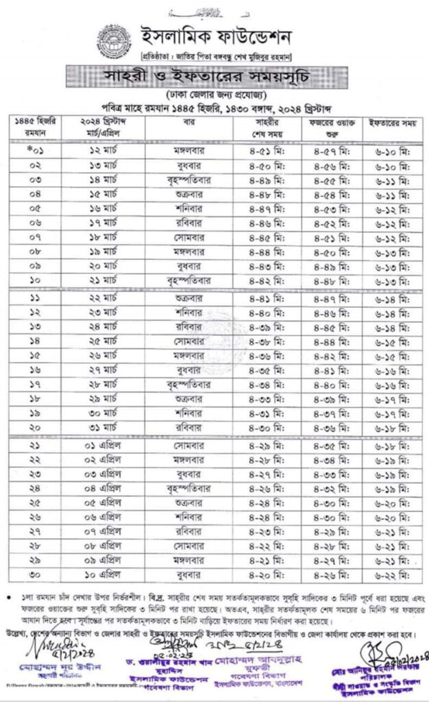 রমজানের ক্যালেন্ডার ২০২৪